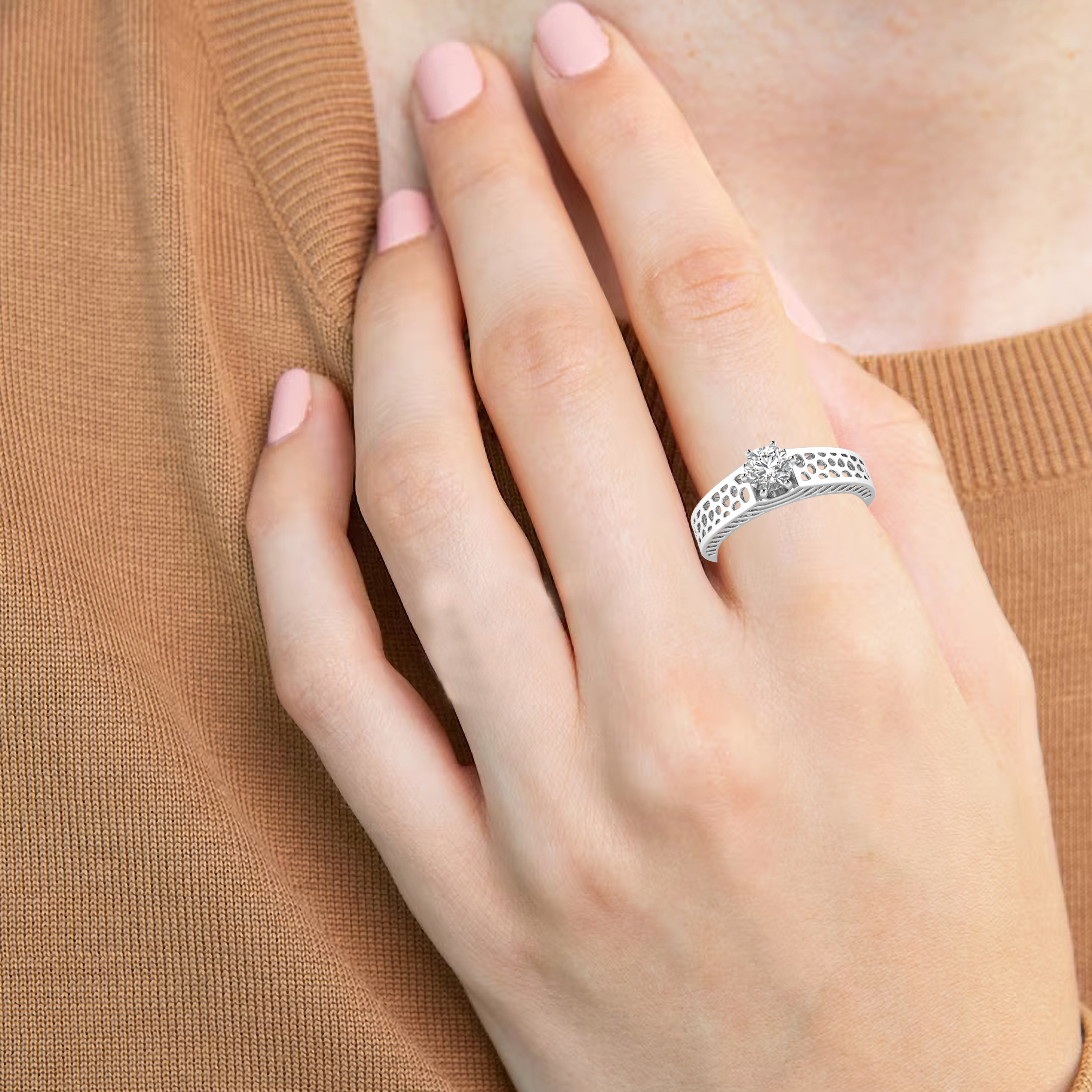 White Gold Studded 0.61 Carat Lab Grown Diamond Ring-E Color VVS Clarity.